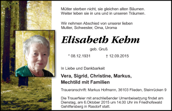 Traueranzeige von Elisabeth Kehm 