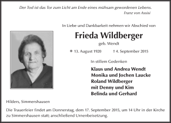 Traueranzeige von Frieda Wildberger 