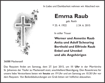 Traueranzeige von Emma Raub 