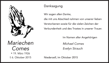 Traueranzeige von Mariechen Comes 