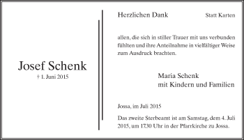 Traueranzeige von Josef Schenk 