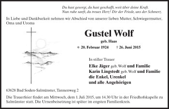 Traueranzeige von Gustel Wolf 