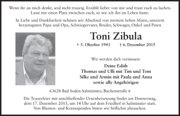 Traueranzeige von Toni Zibula 