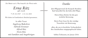 Traueranzeige von Erna Ritz 