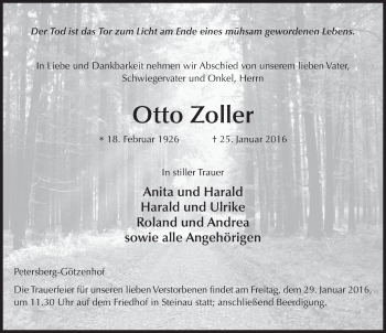 Traueranzeige von Otto Zoller 