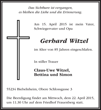Traueranzeige von Gerhard Witzel 