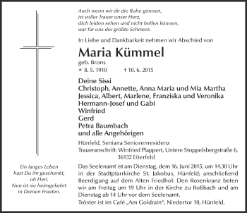 Traueranzeige von Maria Kümmel 
