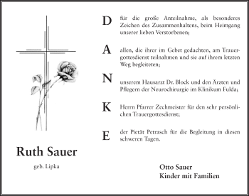 Traueranzeige von Ruth Ursula Sauer 