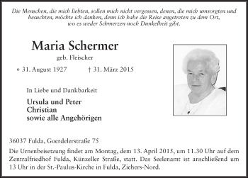 Traueranzeige von Maria Schermer 