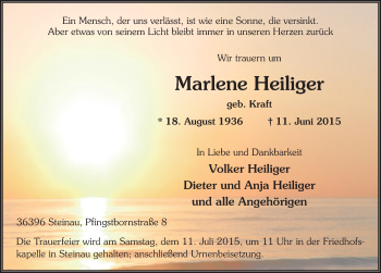 Traueranzeige von Marlene Heiliger 