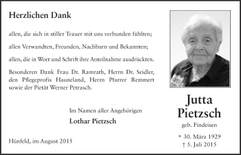 Traueranzeige von Jutta Pietzsch 