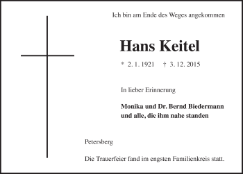 Traueranzeige von Hans Keitel 