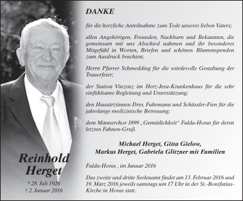 Traueranzeige von Reinhold Herget 
