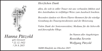 Traueranzeige von Hanna Pätzold 