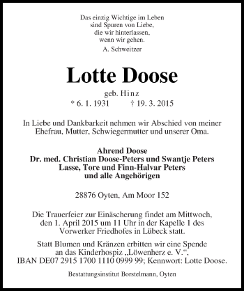 Traueranzeige von Lotte Doose 