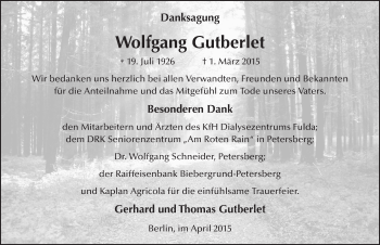 Traueranzeige von Wolfgang Gutberlet 