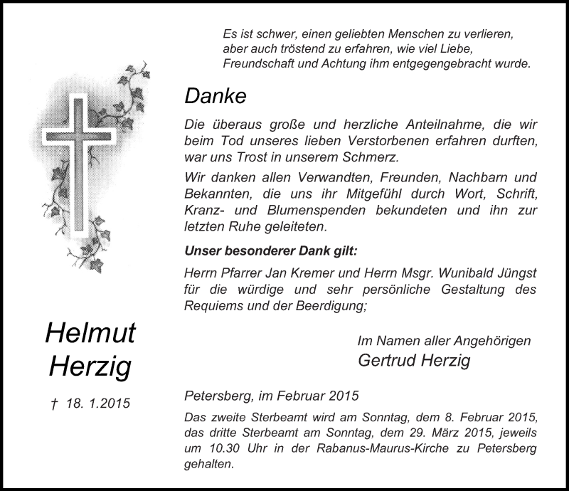  Traueranzeige für Helmut Herzig vom 07.02.2015 aus 