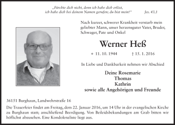 Traueranzeige von Werner Heß 