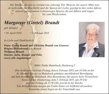 Traueranzeige von Margarete Brandt 