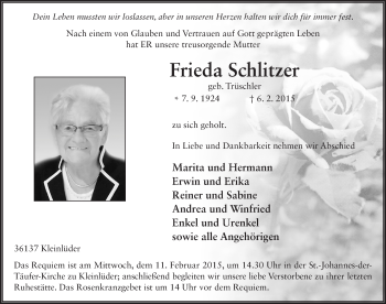 Traueranzeige von Frieda Schlitzer 