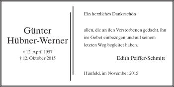 Traueranzeige von Günter Hübner-Werner 