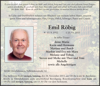 Traueranzeige von Emil Röbig 