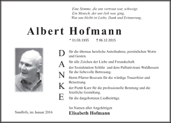 Traueranzeige von Albert Hofmann 