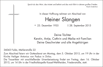 Traueranzeige von Heiner Slangen 