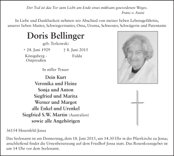 Traueranzeige von Doris Bellinger 