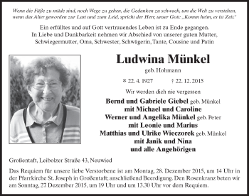 Traueranzeige von Ludwina Münkel 