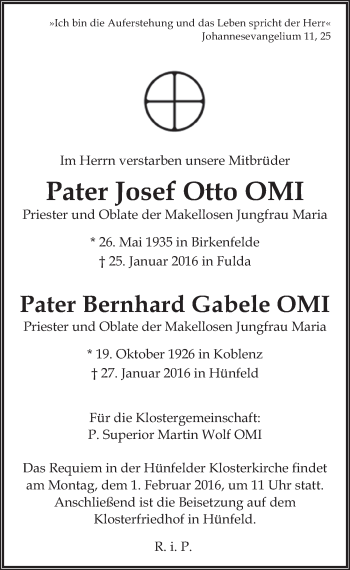 Traueranzeige von Pater Josef Otto OMI 