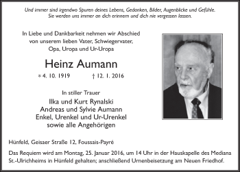 Traueranzeige von Heinz Aumann 