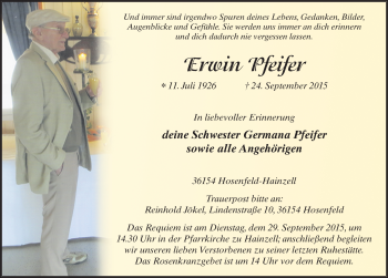 Traueranzeige von Erwin Pfeifer 