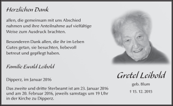 Traueranzeige von Gretel Leibold 