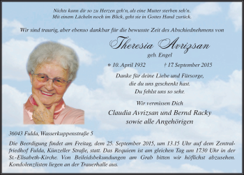 Traueranzeige von Theresia Avirzsan 