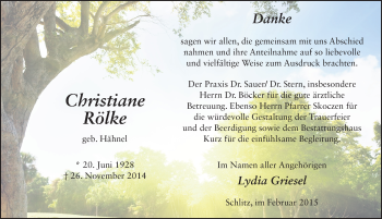 Traueranzeige von Christiane Rölke 