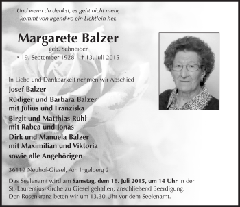 Traueranzeige von Margarete Balzer 