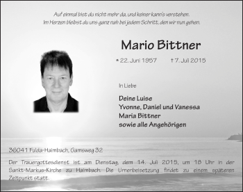 Traueranzeige von Mario Bittner 