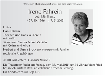 Traueranzeige von Irene Fahrein 