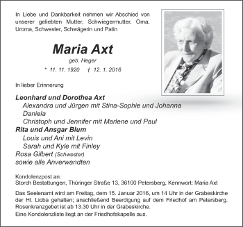 Traueranzeige von Maria Axt 
