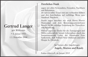 Traueranzeige von Gertrud Langer 