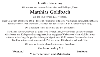 Traueranzeige von Matthias Goldbach 