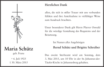 Traueranzeige von Maria Schütz 