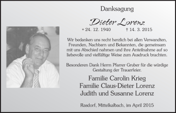 Traueranzeige von Dieter Lorenz 