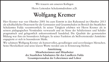 Traueranzeige von Wolfgang Kremer 