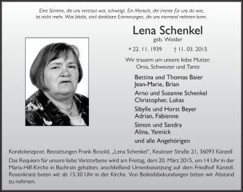 Traueranzeige von Lena Schenkel 