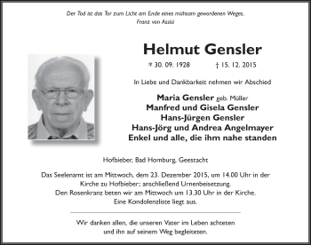 Traueranzeige von Helmut Gensler 