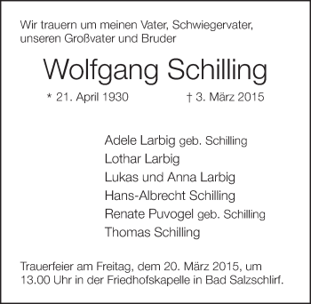 Traueranzeige von Wolfgang Schilling 