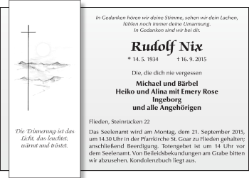 Traueranzeige von Rudolf Nix 