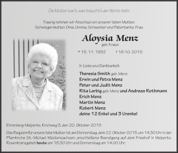 Traueranzeige von Aloysia Menz 